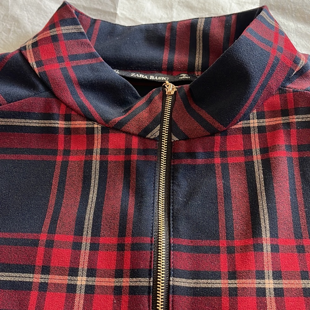 Zara plaid a-line dress with front pockets 3/4 sleeves exposed gold zipper - Picture 2 of 13